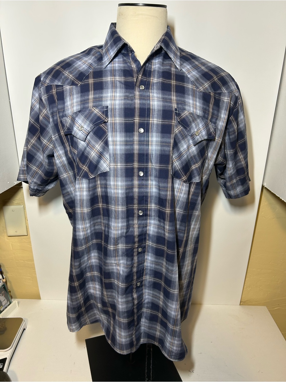 Men's Short Sleeve Plaid Button-Up Shirt - Blue Ely Cattleman